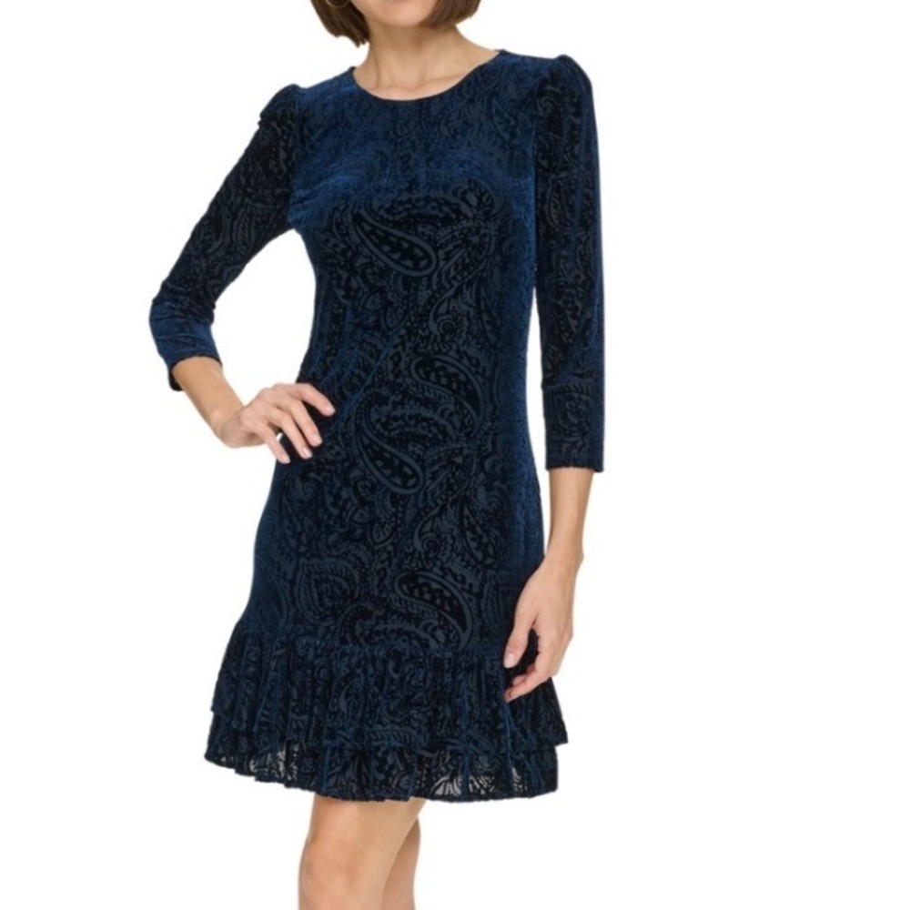 Tommy Hilfiger Velvet Paisley Dress Womens 14 NWT Navy Blue Ruffle MSRP $119